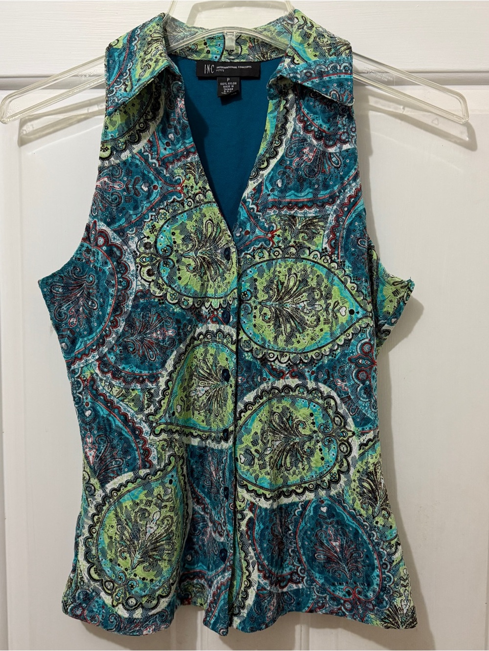 INC International Concepts TealAqua/Lime Paisley Collared Sleeveless Top Women P